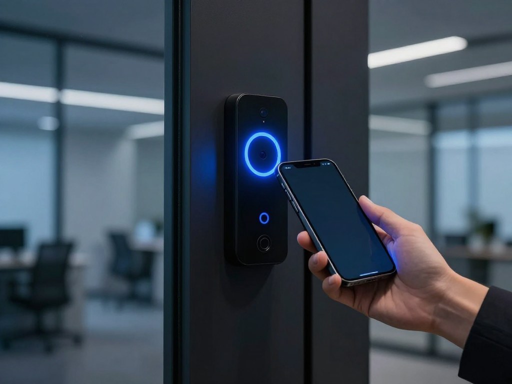 Smartphone unlocking a modern door access control reader with glowing blue ring