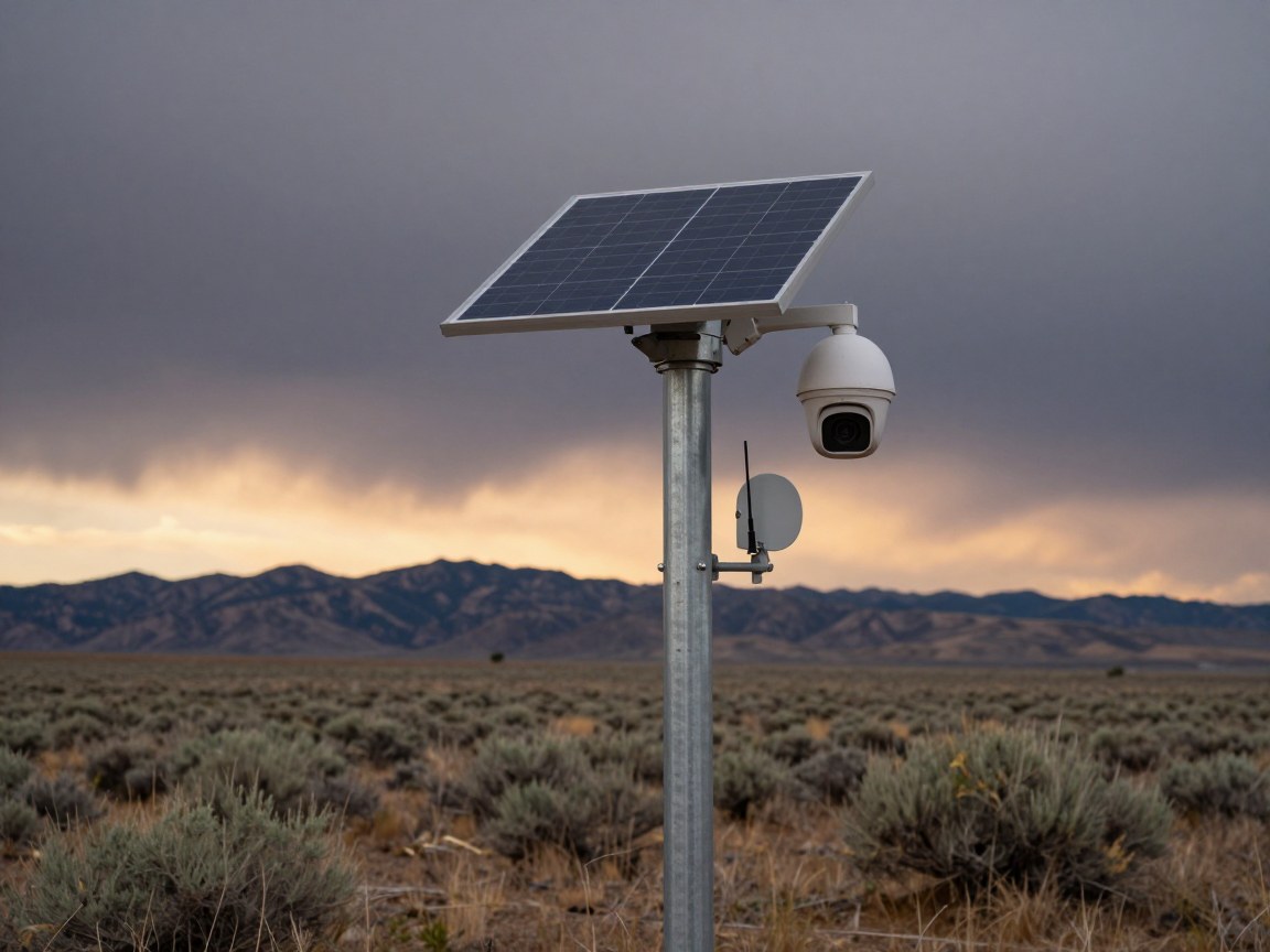 Solar-powered PTZ surveillance camera with radio backhaul on a pole in Utah ranchland at dusk
